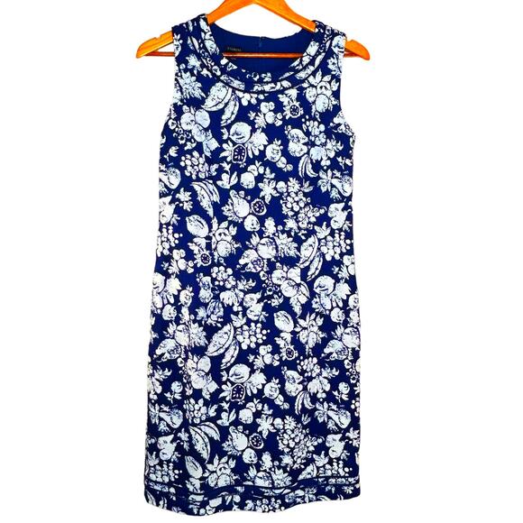 Talbots Dress Size 4 Navy Sleeveless Dress Fruit Pattern Stretch Woven Sheath - Picture 1 of 10
